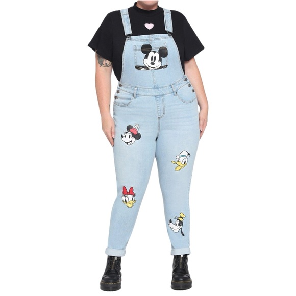 Disney Women’s Mickey Mouse Denim Overalls 3X Faded Blue Tapered Fit Plus - Picture 1 of 14